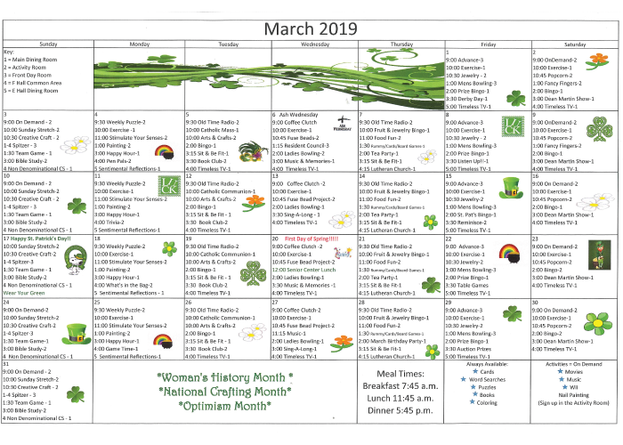 MediLodge of Rogers City March Calendar of Events